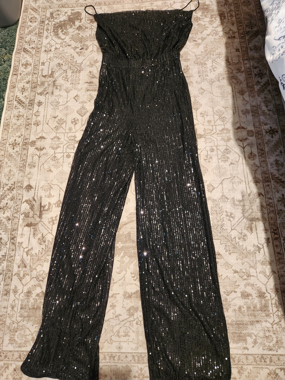 SHEIN Black Sequin Strapless Wide-Leg Jumpsuit with Spaghetti Straps